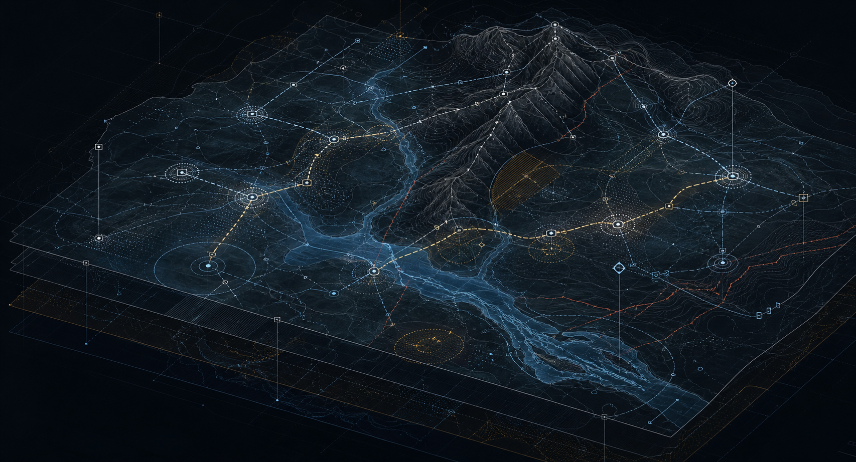 Layered diagnostic map showing terrain, pressure lines, corridors, and proof nodes for a world.